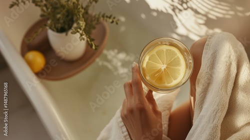 Relaxing Bathtime Ritual: A Woman Enjoys Lemon Tea in a Warm Bath