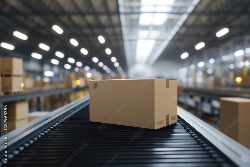 Cardboard box on conveyor belt in warehouse