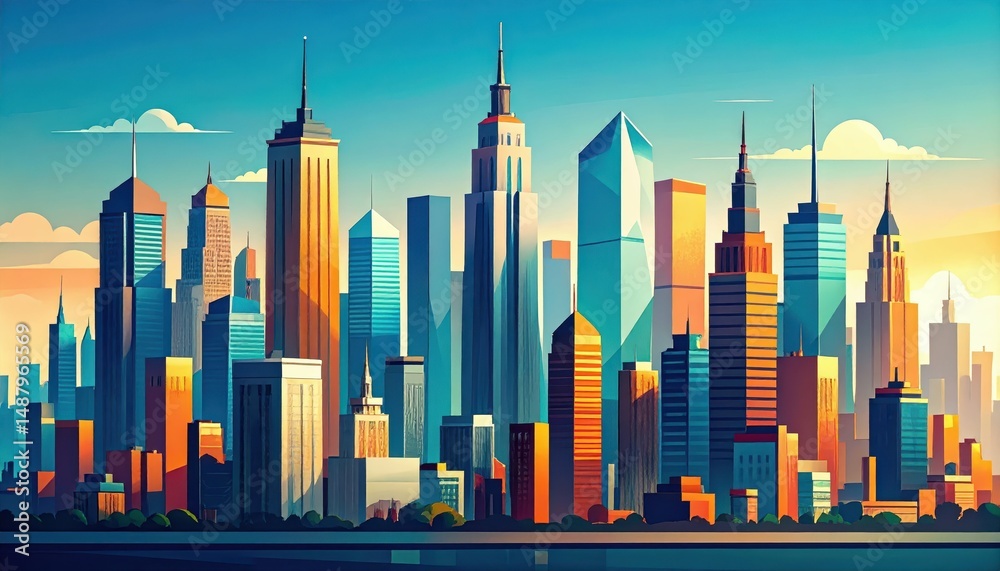 Obraz premium Vibrant Cityscape Under a Bright Blue Sky with Sharp Details