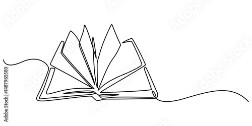One line drawing of opened book isolated on white background, Stack of books with opened book on top in one continuous line. Symbol of library, education, literature, reading in one line style. Vector