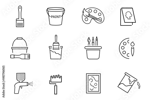 Painting line icon set collection. Containing icons like Dresser, various, drawing, color brush, color, box, painter, painting, decorator, brush, artwork etc. Vector illustration