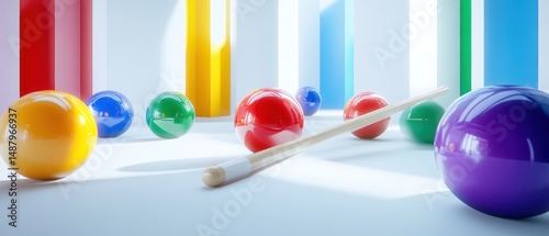 Obraz na płótnie Colorful glossy spheres and a cue stick in a modern abstract setting w salonie
