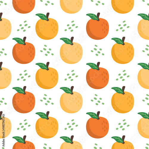 Orange fruit and leaves hand drawn, seamless vector design for print on fabric and other uses.
