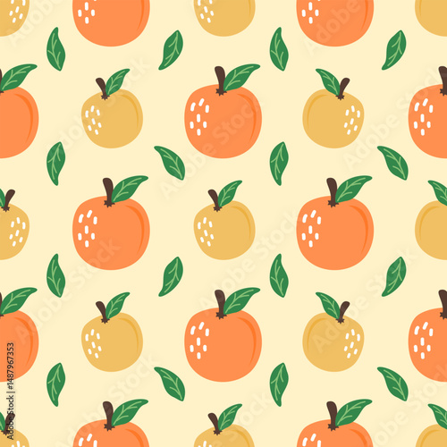 Oranges with leaves hand drawn, seamless vector design for print on fabric and other uses.