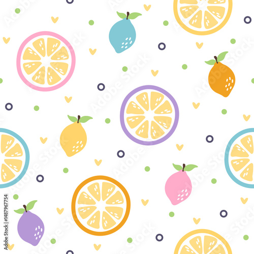 Cute lemon fruit hand drawn, seamless vector design for print on fabric and other uses.