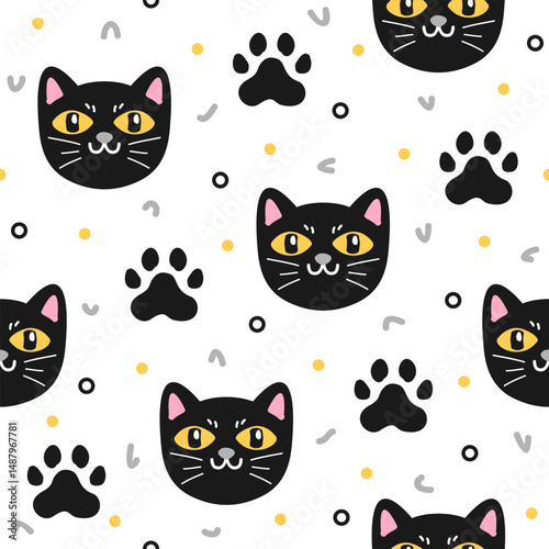 Cute black cat hand drawn, seamless vector design for print on fabric and other uses.