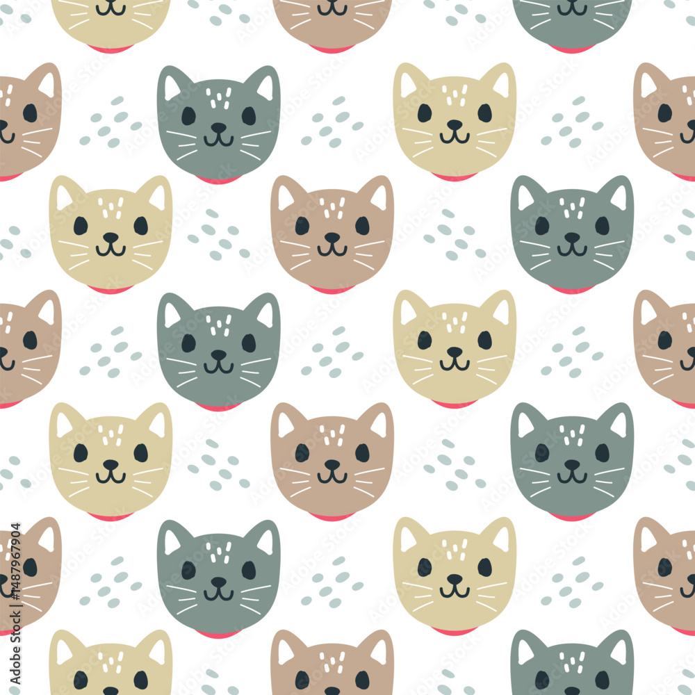 Cute kitten hand drawn, seamless vector design for print on fabric and other uses. Cute kitten hand drawn, seamless vector design for print on fabric and other uses.