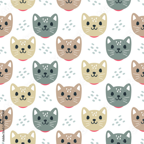 Cute kitten hand drawn, seamless vector design for print on fabric and other uses.