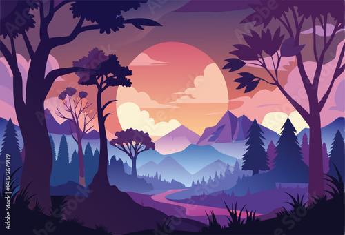 Silhouette twilight forest landscape background