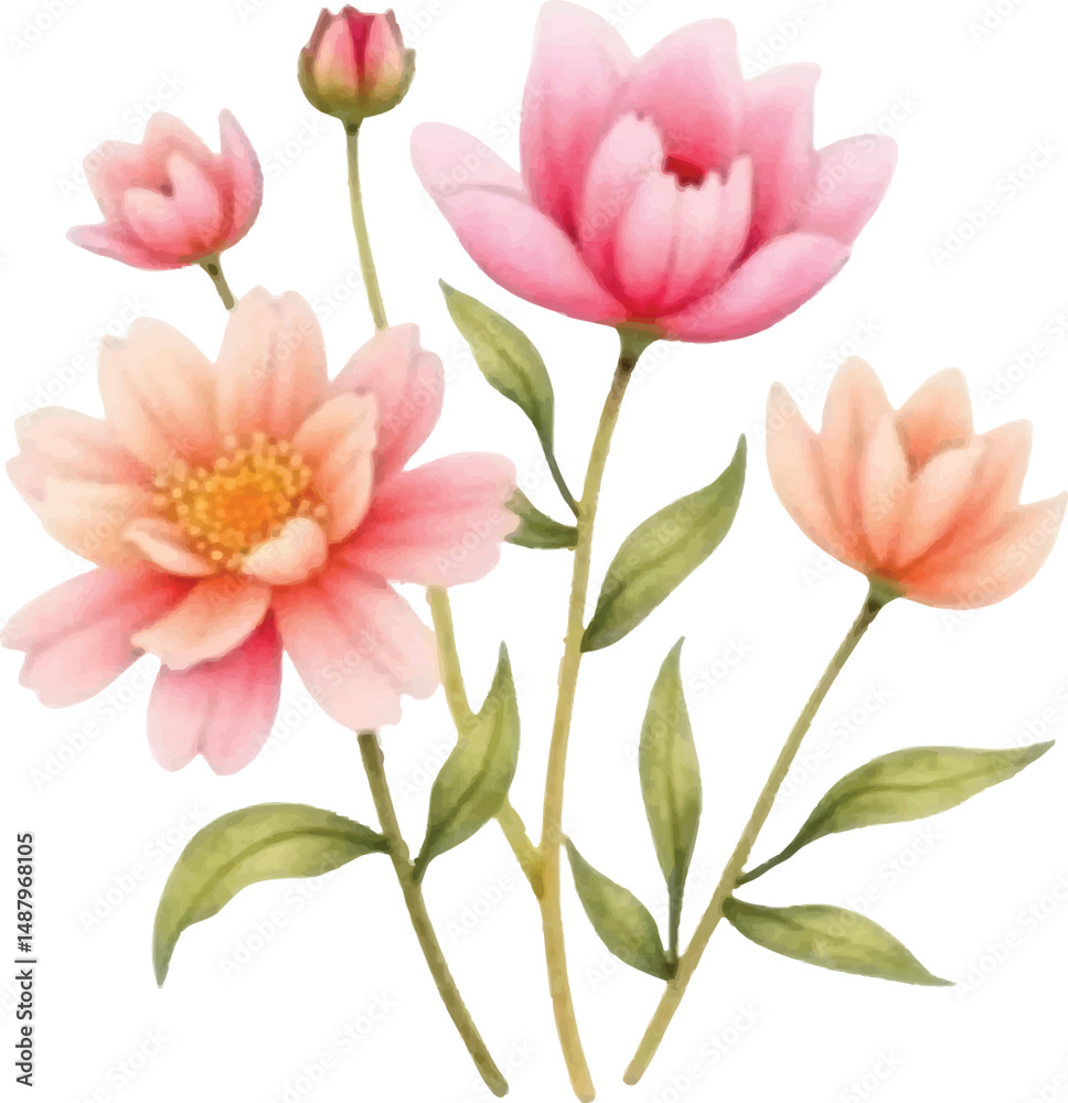 Fototapeta premium Watercolor Painting of Delicate Pink and Peach Blossoms with Green Leaves