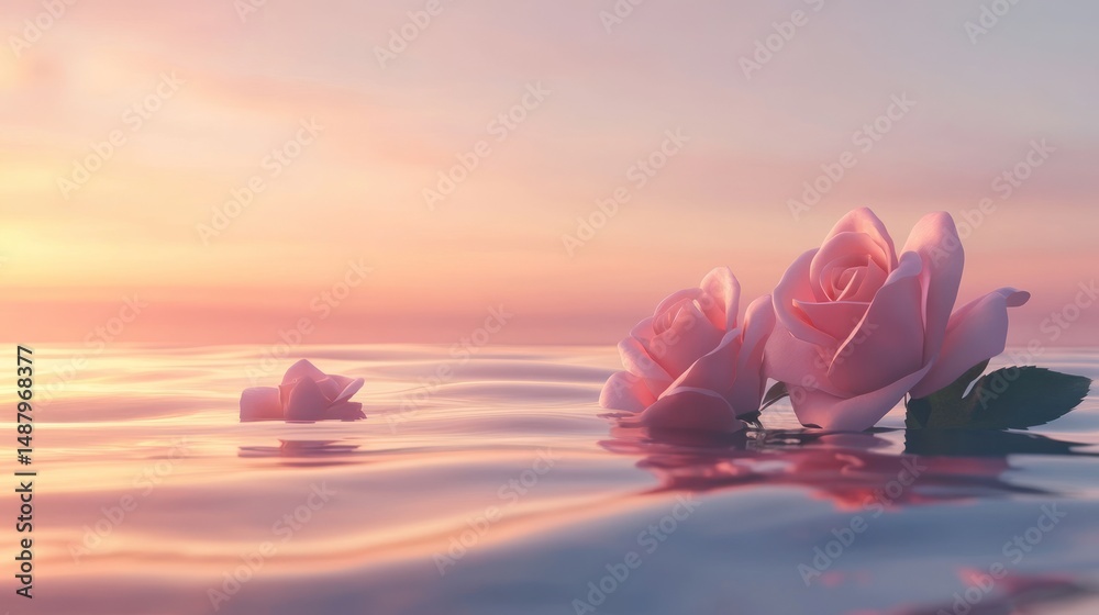 Pink roses floating on water at sunset