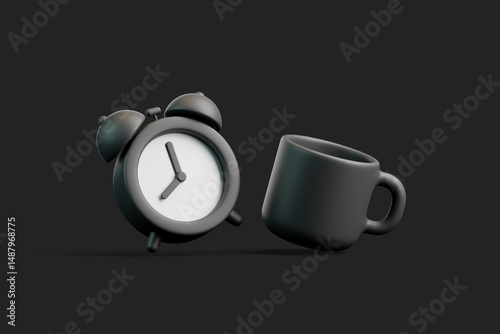 Minimal black 3D alarm clock and mug on dark background