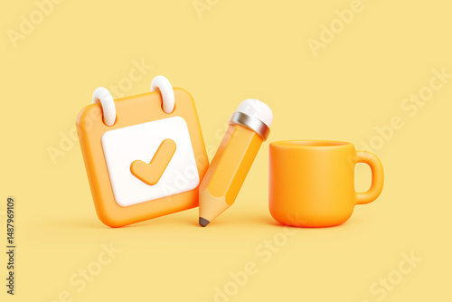 3D icons of calendar, pencil, and mug on yellow background, productivity concept