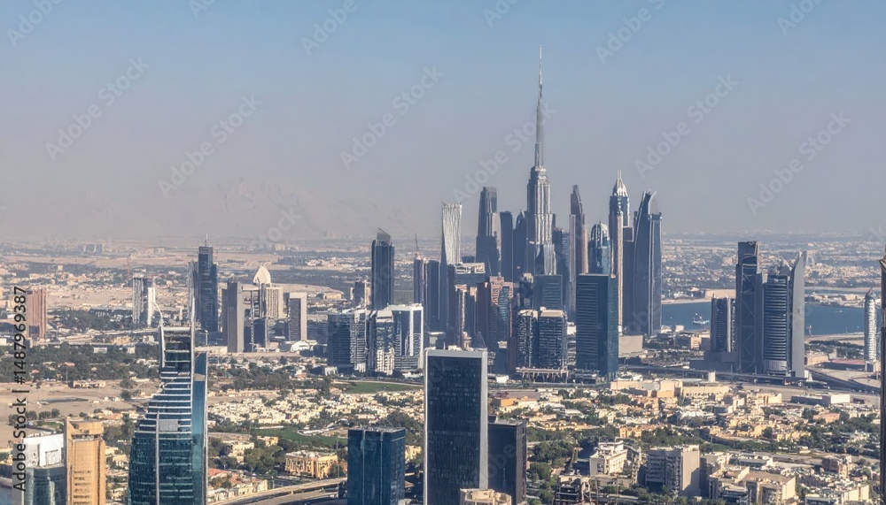 Fototapeta premium Futuristic Dubai Skyline with Skyscrapers Against Desert Landscape