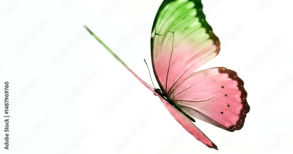 Butterfly Fluttering Wings Pink and Green on White Background