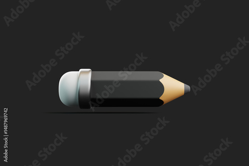 3D Black Pencil Lying Horizontally on Dark Background