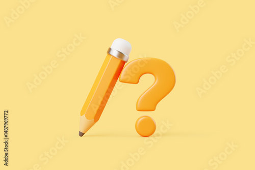 3D orange pencil and question mark on yellow background