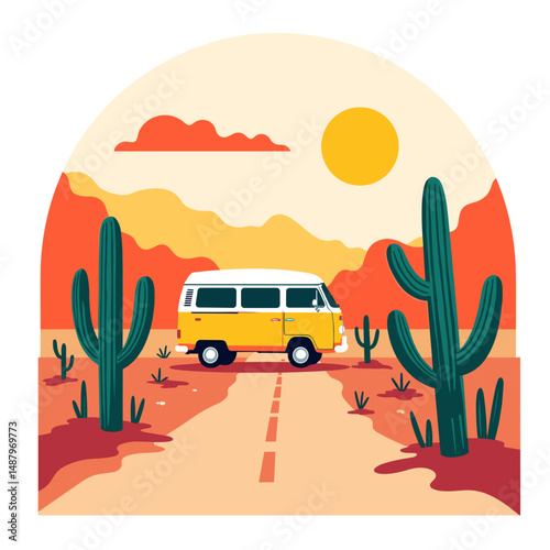 Vintage yellow van driving through desert landscape with cacti  