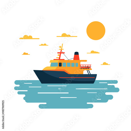 Colorful boat sailing on calm water under a sunny sky - Concept of travel icon  