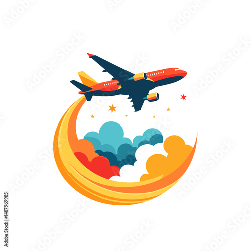 Airplane flying through colorful clouds in a travel icon design  