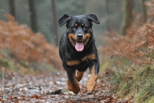 Energetic Rottweiler dog sprints through woodland, mouth open and tongue out, enjoying a vigorous outdoor exercise during the day.