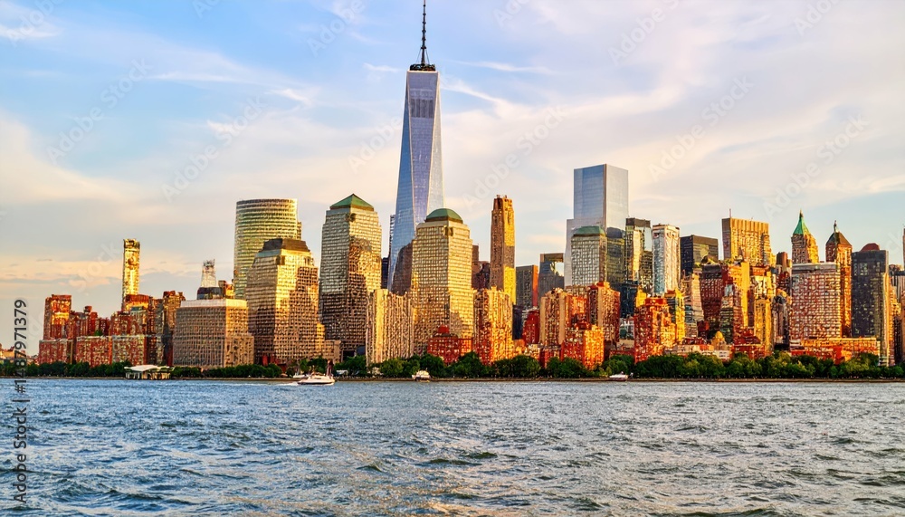 Obraz premium Scenic New York City Skyline at Sunset with Warm Light Over Hudson