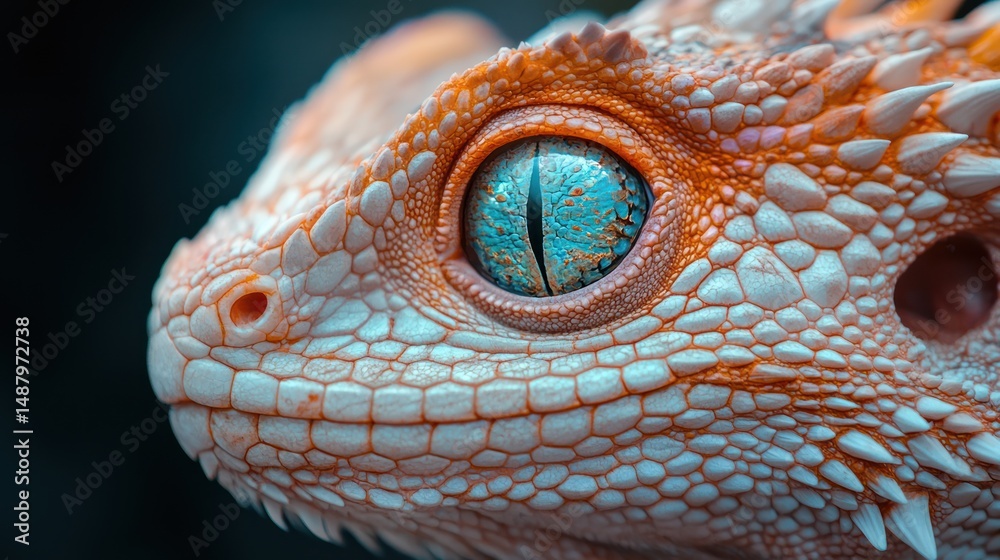 Fototapeta premium Close-up of a colorful lizard's head in profile, jungle background