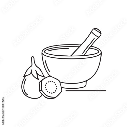 A Thai eggplant placed beside mortar and pestle on the counter