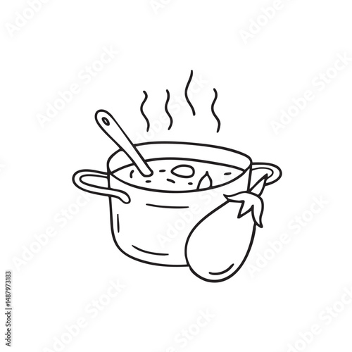 A Thai eggplant placed near a saucepan with bubbling curry