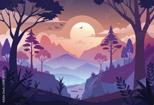 Silhouette twilight forest landscape background