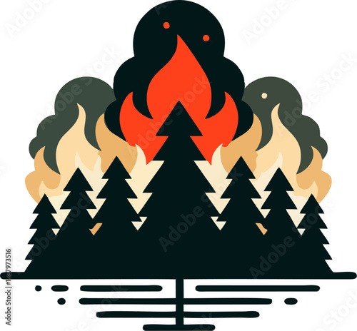 Minimalist Flat Vector of Forest Fire with Smoke and Flames – Wildfire Environmental Disaster Illustration