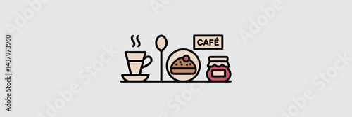 Vector cafe icons with coffee cup, spoon, scone, jam jar, and cafe label – Suitable for food packaging, cafe branding, or digital menus.