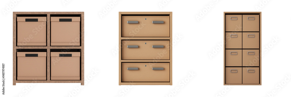 Three different styles of brown filing cabinets with multiple drawers for document organization. Three different styles of brown filing cabinets with multiple drawers for document organization.