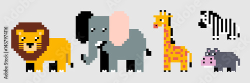Pixel-style vector icon sheet of animals including lion, elephant, and giraffe