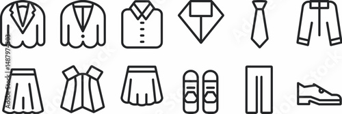 simple vector icons of business attire including suit dress shirt tie skirt and shoes – perfect for professional dress code guides or ecommerce