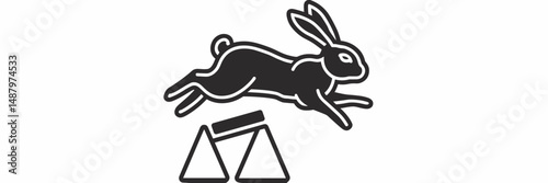Rabbit jumping over hurdle vector icon – Great for agility training content, pet merchandise, or animal behavior illustrations.