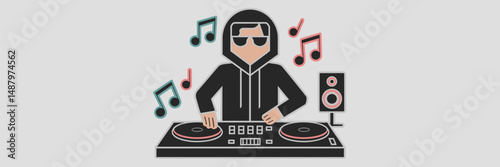 DJ icon with turntable, microphone, and speaker on white background – Ideal for podcast visuals, audio branding, or event merchandise.