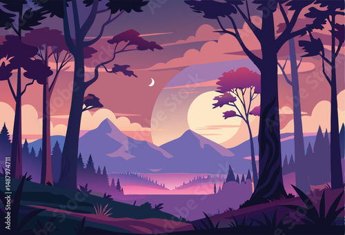 Silhouette twilight forest landscape background