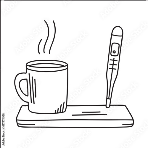 A thermometer placed near a mug on a sickbed table