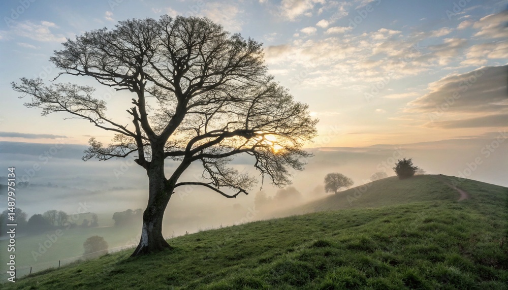 Obraz premium Solitary Tree on Grassy Hilltop at Sunrise with Fog 