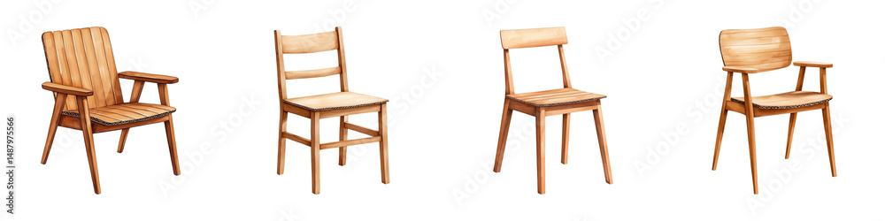 Four different wooden chairs with distinct content and styles. Four different wooden chairs with distinct content and styles.