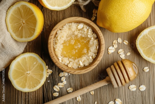 Fresh lemons, honey, and brown sugar in a wooden bowl surrounded by oats on a rustic wooden surface, creating a natural and healthy skincare treatment concept