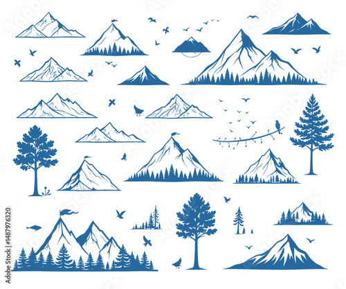Collection of Blue Mountain and Forest Silhouettes