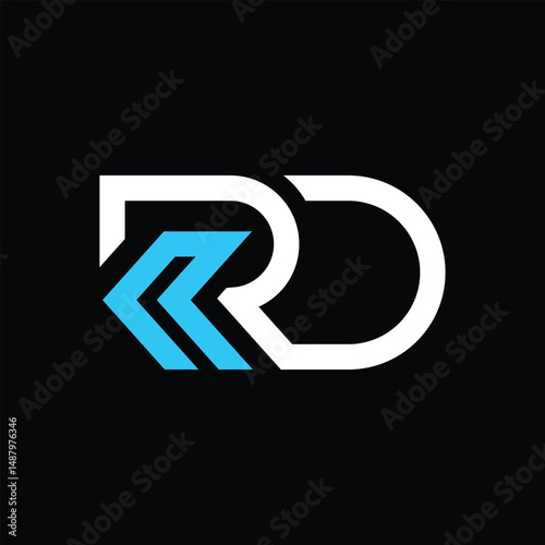 this is a monogram image of a connected letters RD with arrow in modern font style that looks bold in white and blue color on a black background