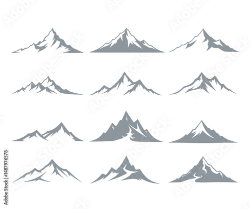 Twelve Gray Mountain Peak Illustrations for Design