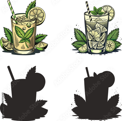 Refreshing Mojito Cocktail Vector Illustration with Color and Silhouette Versions, A Vibrant Illustration Showcasing a Mojito Cocktail With Mint Leaves and Lime Slices 