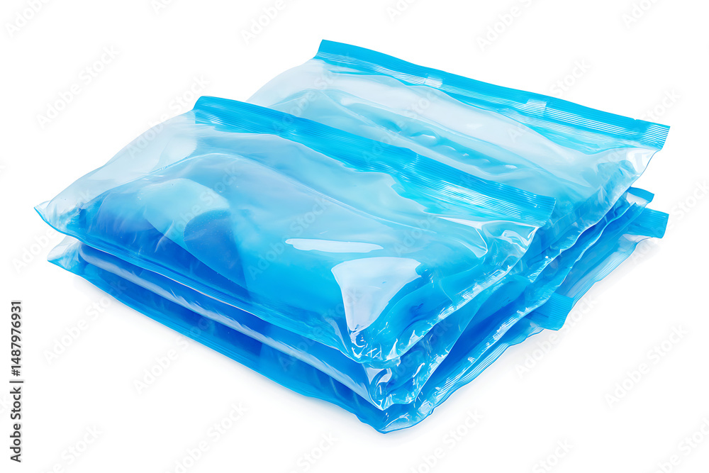 Fototapeta premium Stack of translucent blue vacuum-sealed bags containing various items on a clean white background