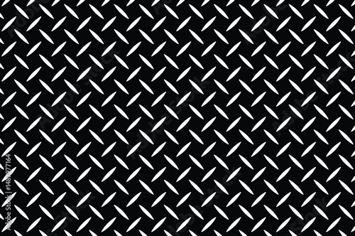 Abstract black and white geometric pattern with repeating diamond shapes and diagonal elliptical accents. Minimalist, flat 2D seamless texture for modern backgrounds.