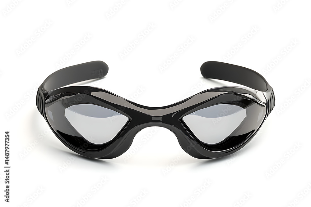 Fototapeta premium Sleek black swimming goggles displayed against a clean white background, ideal for aquatic sports