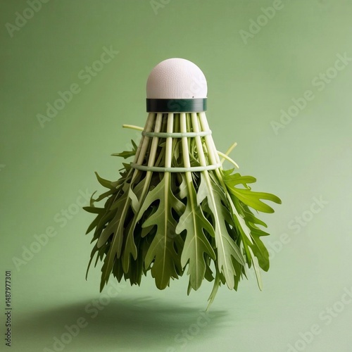 Salad shuttlecock: image shows a badminton shuttlecock with its feathers replaced by fresh arugula leaves, creating an unusual and creative composition on a green background